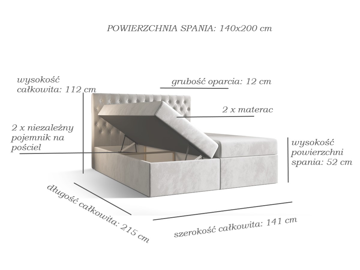 Łóżko Boxspring Z Kryształkami 140x200 Kontynentalne + 2 Pojemniki Na Pościel + 2 Materace Bonell - Wybór Kolorów - VERA