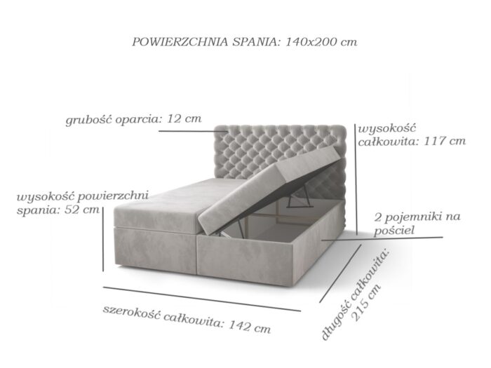 Pikowane Łóżko Kontynentalne 140x200 Styl Chesterfield + 2 Pojemniki Na Pościel + 2 Materace Bonell - Wybór Kolorów - SEMPRE