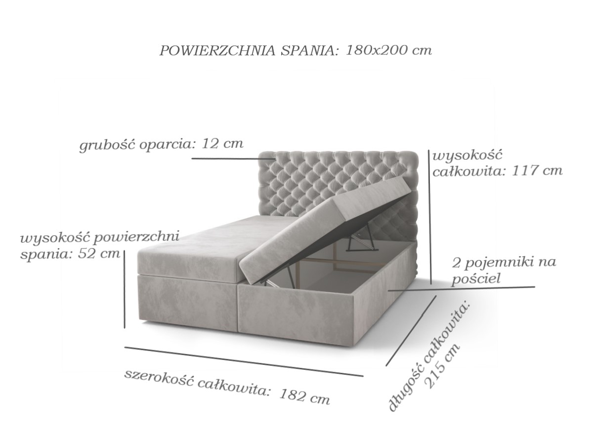 Pikowane Łóżko Kontynentalne 180x200 Styl Chesterfield + 2 Pojemniki Na Pościel + 2 Materace Bonell - Wybór Kolorów - SEMPRE