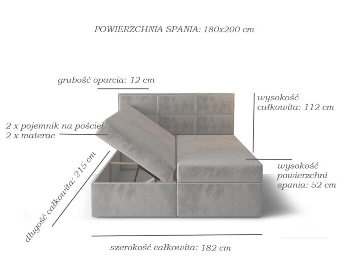 Komfortowe Łóżko Kontynentalne 180x200 + Duże Panele Jako Oparcie + 2 Pojemniki Na Pościel + 2 Materace Bonell - Wybór Kolorów - MILTON