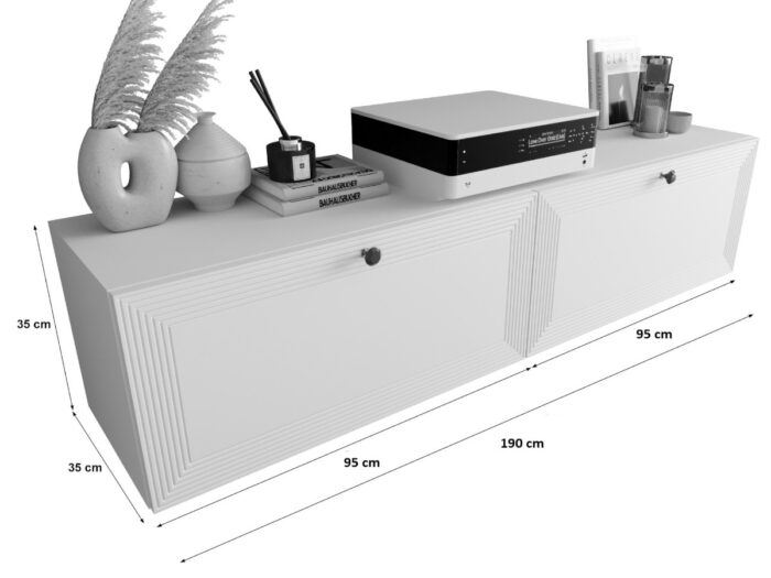 Szafki RTV Białe 190 CM Wiszące 2 Sztuki Modułowe + Fronty Frezowane Lakierowane MDF - EVORA - OFERTA MAGAZYNOWA - WYSYŁKA 24H