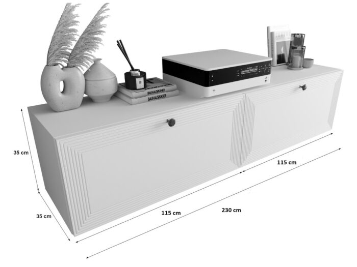Szafki RTV Białe 230 CM Wiszące 2 Sztuki Modułowe + Fronty Frezowane Lakierowane MDF - EVORA - OFERTA MAGAZYNOWA - WYSYŁKA 24H