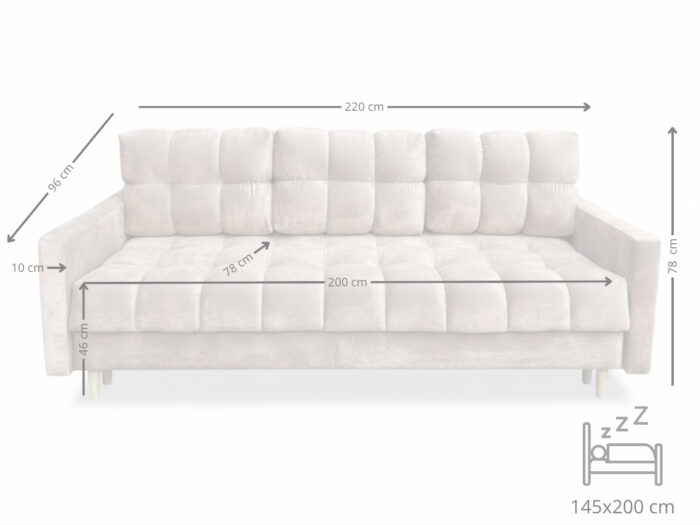 Wygodna Sofa Z Funkcją Spania 220X96X78 CM Rozkładana Kanapa 3 Osobowa - Pikowane Meble Wypoczynkowe + Pianka HR45 + Sprężyny Bonell - AURA