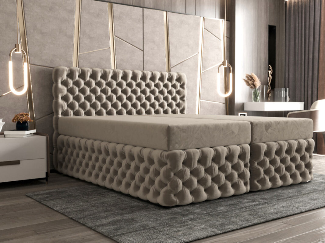 Ekskluzywne Pikowane Łóżko 140x200 Kontynentalne Styl Chesterfield + 2 Pojemniki Na Pościel + 2 Materace Bonell - Wybór Kolorów - AMORE