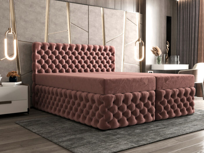 Ekskluzywne Pikowane Łóżko 160x200 Kontynentalne Styl Chesterfield + 2 Pojemniki Na Pościel + 2 Materace Bonell - Wybór Kolorów - AMORE