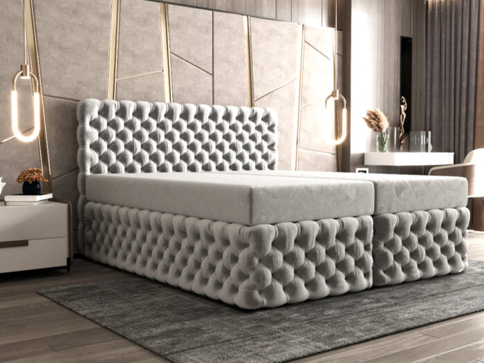Ekskluzywne Pikowane Łóżko 180x200 Kontynentalne Styl Chesterfield + 2 Pojemniki Na Pościel + 2 Materace Bonell - Wybór Kolorów - AMORE