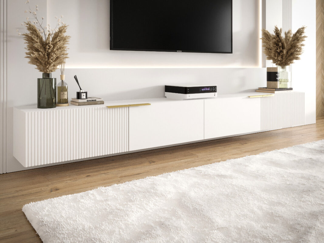 Biały Zestaw Szafek RTV 300 CM Meblościanka Nowoczesna Wisząca Meble Modułowe Do Salonu+ Fronty Frezowane Lakierowane MDF 18 MM + Wybór Wzorów CAPRI