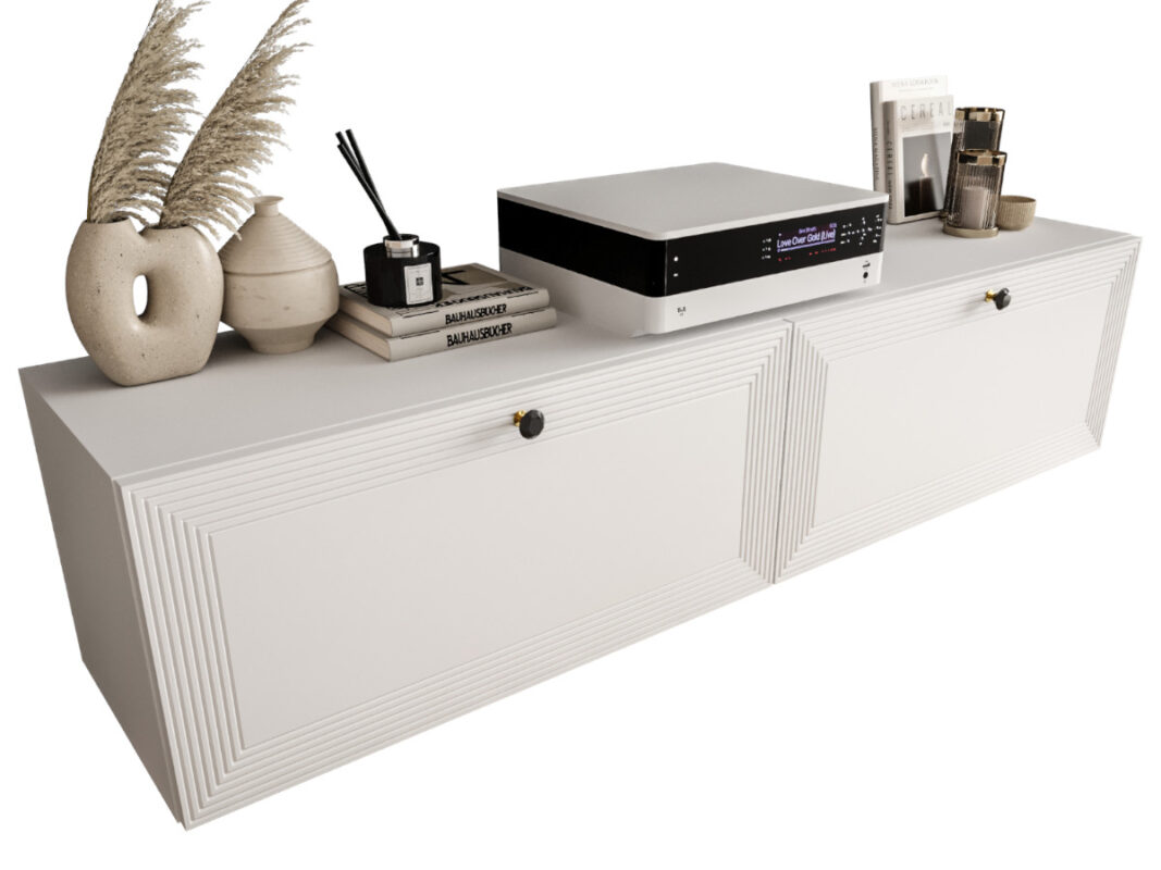 Szafki RTV Białe 230 CM Wiszące 2 Sztuki Modułowe + Fronty Frezowane Lakierowane MDF - EVORA - OFERTA MAGAZYNOWA - WYSYŁKA 24H