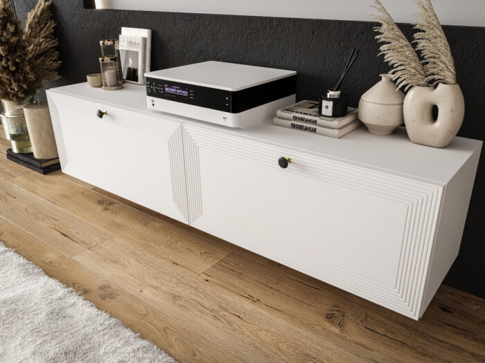 Szafki RTV Białe 150 CM Mała Meblościanka Nowoczesna Wisząca Moduły Do Salonu+ Fronty Frezowane Lakierowane MDF 18 MM + Wybór Wzorów EVORA