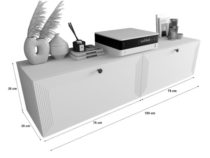 Szafki RTV Białe 150 CM Mała Meblościanka Nowoczesna Wisząca Moduły Do Salonu+ Fronty Frezowane Lakierowane MDF 18 MM + Wybór Wzorów EVORA