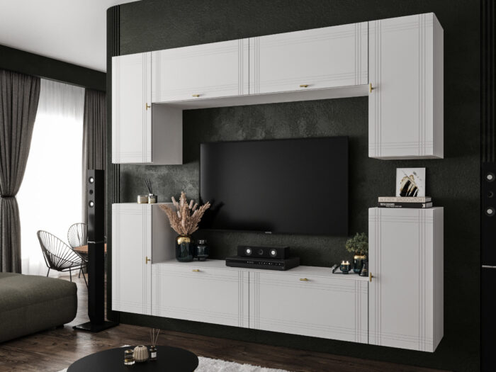 Biała Meblościanka Nowoczesna Zestaw Szafek RTV Do Salonu 220X180X35 CM + Fronty Frezowane Malowane MDF 18 MM + Wybór Wzorów LUIZJANA