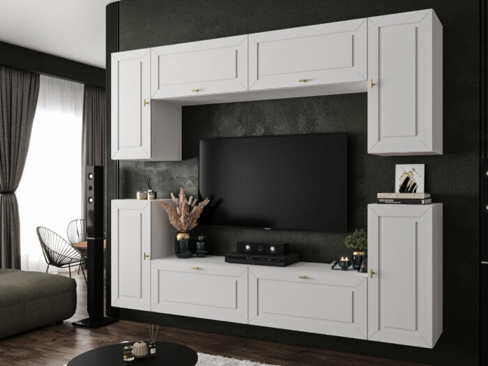 Biała Meblościanka Nowoczesna Zestaw Szafek RTV Do Salonu 220X180X35 CM + Fronty Frezowane Malowane MDF 18 MM + Wybór Wzorów LUIZJANA