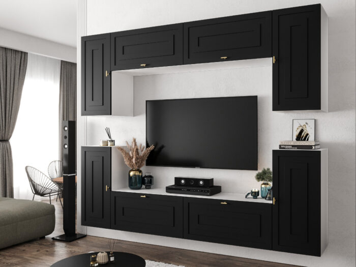 Nowoczesna Meblościanka Modułowa Biało Czarna Zestaw Szafek RTV Do Salonu 220X180X35 CM + Fronty Frezowane Malowane MDF 18 MM + Wybór Wzorów LUIZJANA