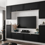 Nowoczesna Meblościanka Modułowa Biało Czarna Zestaw Szafek RTV Do Salonu 220X180X35 CM + Fronty Frezowane Malowane MDF 18 MM + Wybór Wzorów LUIZJANA