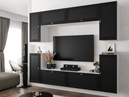 Nowoczesna Meblościanka Modułowa Biało Czarna Zestaw Szafek RTV Do Salonu 220X180X35 CM + Fronty Frezowane Malowane MDF 18 MM + Wybór Wzorów LUIZJANA