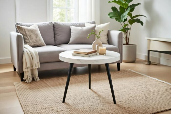 Okrągły Stolik Kawowy 65 cm Detroit w jasnym salonie