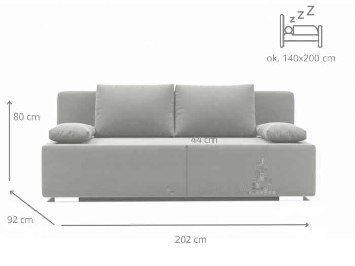 Mała Kanapa Rozkładana 202 CM Sofa Młodzieżowa Wolnostojąca Na Sprężynach Bonellowych + Wybór Kolorów - LIZA