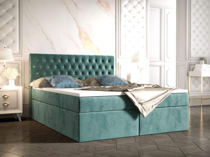 Łóżko Boxspring Z Kryształkami 140x200 Kontynentalne + 2 Pojemniki Na Pościel + 2 Materace Bonell - Wybór Kolorów - VERA