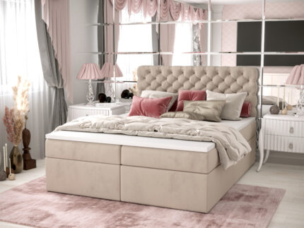 Pikowane Łóżko Kontynentalne 140x200 Styl Chesterfield + 2 Pojemniki Na Pościel + 2 Materace Bonell - Wybór Kolorów - SEMPRE