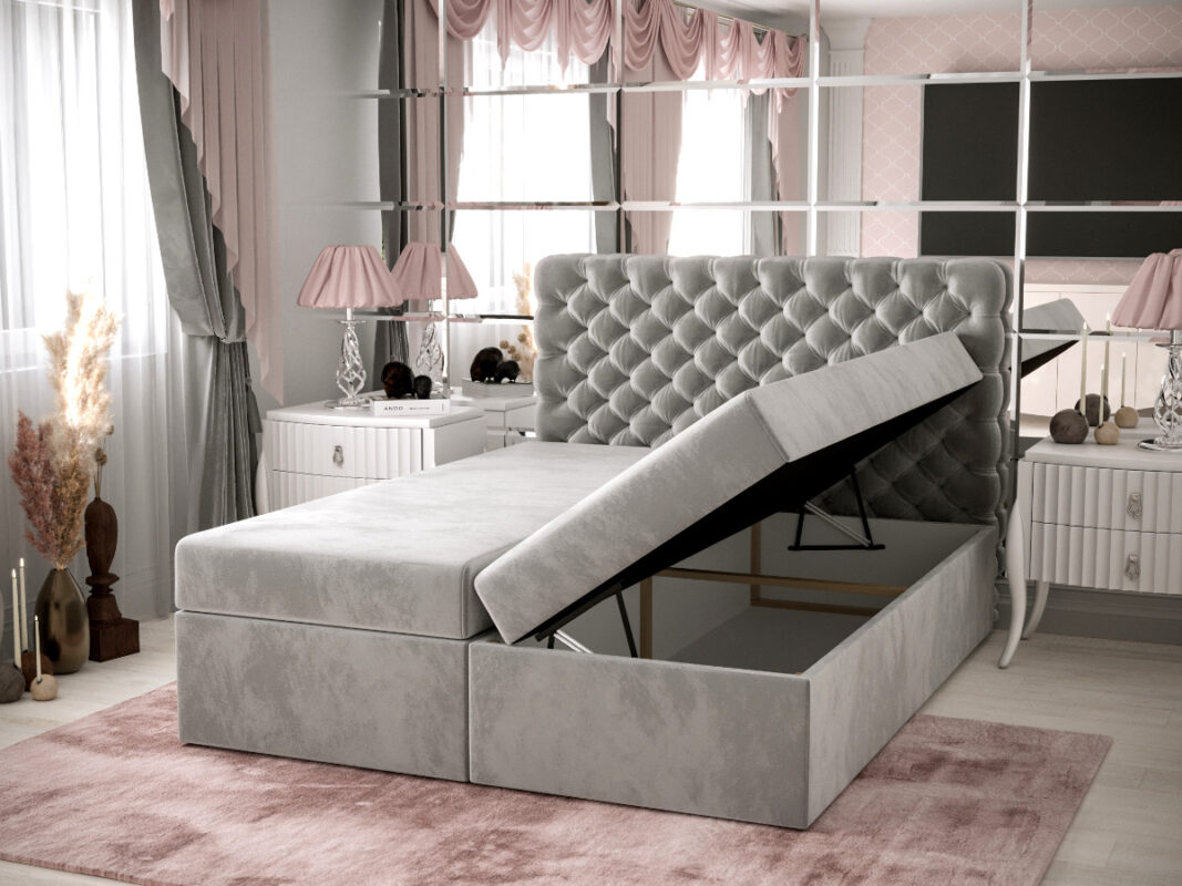 Pikowane Łóżko Kontynentalne 180x200 Styl Chesterfield + 2 Pojemniki Na Pościel + 2 Materace Bonell - Wybór Kolorów - SEMPRE