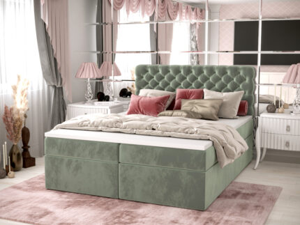 Pikowane Łóżko Kontynentalne 160x200 Styl Chesterfield + 2 Pojemniki Na Pościel + 2 Materace Bonell - Wybór Kolorów - SEMPRE