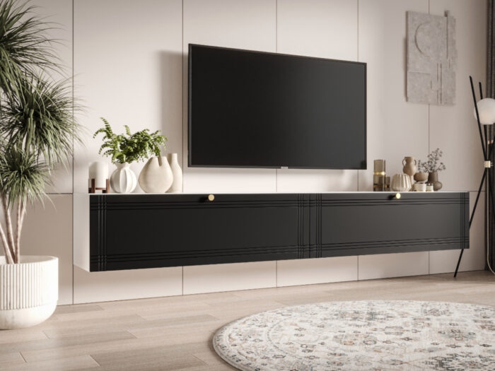 Zestaw Mebli RTV 230 CM Szafki Wiszące Biało-Czarne + Fronty Frezowane Malowane MDF 18 MM + Wybór Wzorów EKWADOR