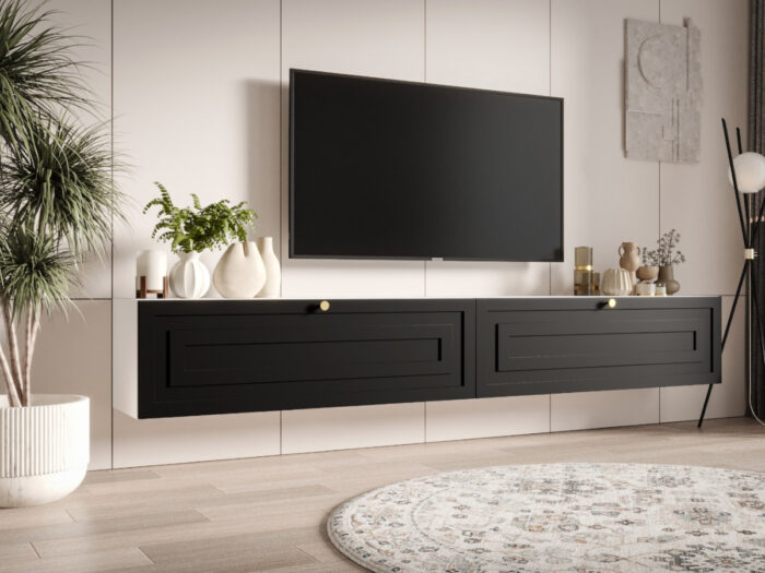 Zestaw Mebli RTV 230 CM Szafki Wiszące Biało-Czarne + Fronty Frezowane Malowane MDF 18 MM + Wybór Wzorów EKWADOR