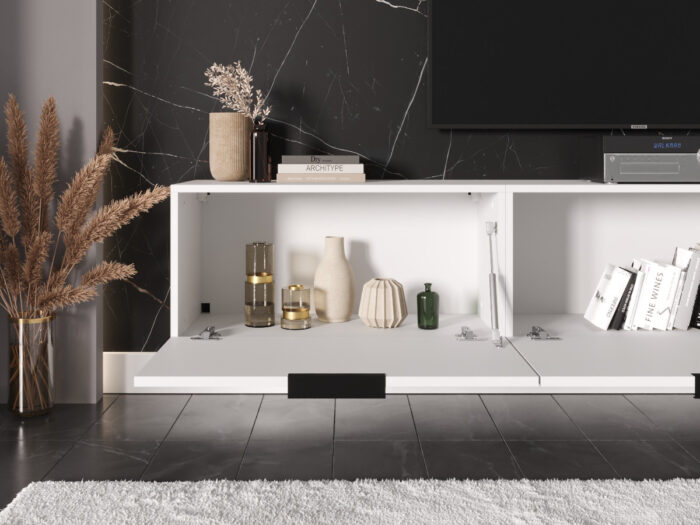 Białe Meble RTV 225 CM - Nowoczesna Meblościanka - Szafki Modułowe Wiszące + Fronty Frezowane Jodełki MDF 18 MM + Cichy Domyk MONACO