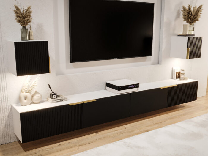 Nowoczesna Meblościanka RTV 300 CM Z Lamelami - Szafki Modułowe Wiszące - Zestaw Mebli Salonowych + Fronty Frezowane Lakierowane MDF 18 MM + Wybór Wzorów TOKYO