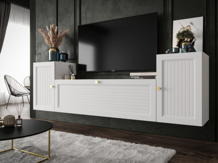 Meblościanka Do Salonu 185X55X35 CM + Cichy Domyk + Fronty Frezowane Malowane MDF 18 MM MAROKO
