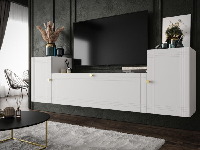 Meblościanka Do Salonu 185X55X35 CM + Cichy Domyk + Fronty Frezowane Malowane MDF 18 MM MAROKO