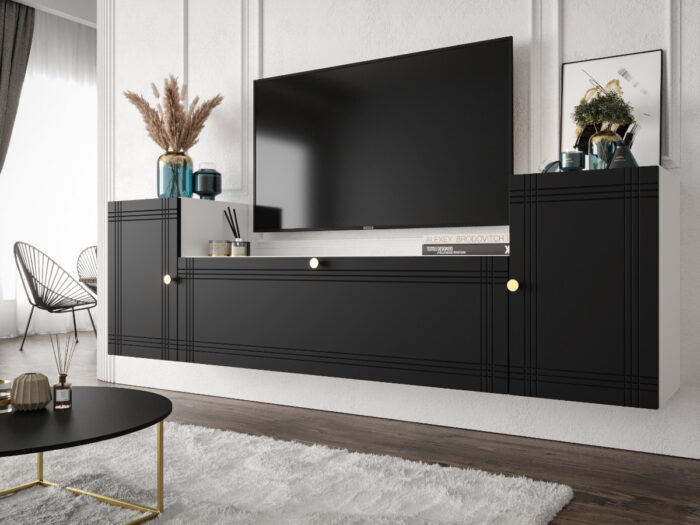 Nowoczesna Meblościanka Do Salonu 185X55X35 CM + Cichy Domyk + Fronty Frezowane Malowane MDF 18 MM MAROKO