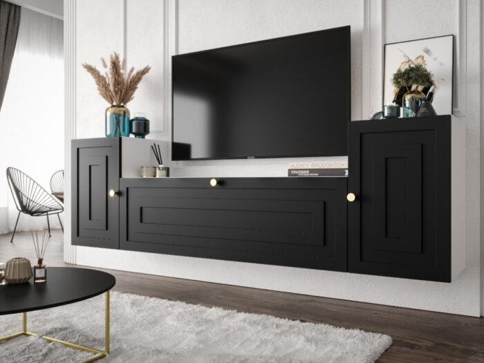 Nowoczesna Meblościanka Do Salonu 185X55X35 CM + Cichy Domyk + Fronty Frezowane Malowane MDF 18 MM MAROKO