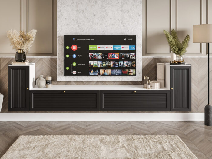Nowoczesne Meble RTV - Meblościanka Biało Czarna Zestaw Szafek Do Salonu 300X75X35 CM + Fronty Frezowane Malowane MDF 18 MM BOSTON