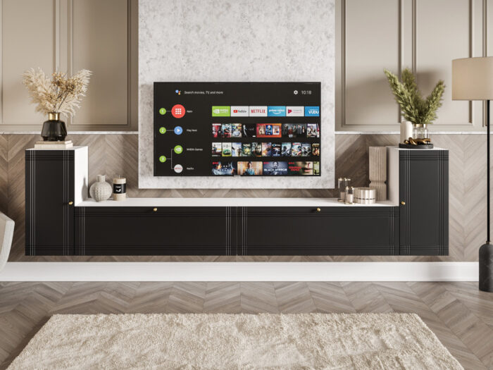 Nowoczesne Meble RTV - Meblościanka Biało Czarna Zestaw Szafek Do Salonu 300X75X35 CM + Fronty Frezowane Malowane MDF 18 MM BOSTON