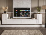 Meblościanka Biała RTV Zestaw Szafek Do Salonu 300X75X35 CM + Fronty Frezowane Malowane MDF 18 MM BOSTON