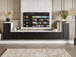 Nowoczesne Meble RTV - Meblościanka Biało Czarna Zestaw Szafek Do Salonu 300X75X35 CM + Fronty Frezowane Malowane MDF 18 MM BOSTON