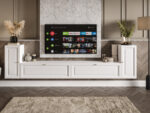 Meblościanka Biała RTV Zestaw Szafek Do Salonu 300X75X35 CM + Fronty Frezowane Malowane MDF 18 MM BOSTON