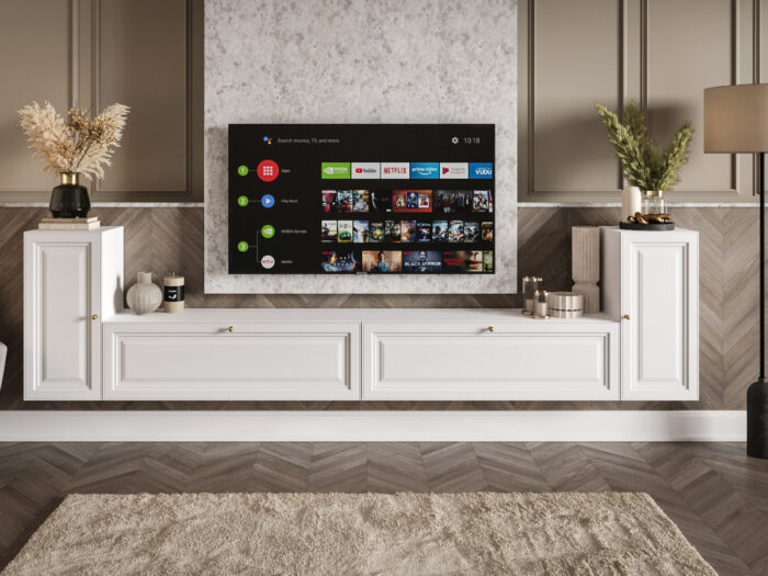 Meblościanka Biała RTV Zestaw Szafek Do Salonu 300X75X35 CM + Fronty Frezowane Malowane MDF 18 MM BOSTON