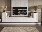 Meblościanka Biała RTV Zestaw Szafek Do Salonu 300X75X35 CM + Fronty Frezowane Malowane MDF 18 MM BOSTON