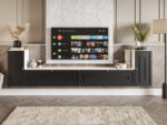 Nowoczesne Meble RTV - Meblościanka Biało Czarna Zestaw Szafek Do Salonu 300X75X35 CM + Fronty Frezowane Malowane MDF 18 MM BOSTON