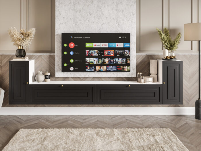 Nowoczesne Meble RTV - Meblościanka Biało Czarna Zestaw Szafek Do Salonu 300X75X35 CM + Fronty Frezowane Malowane MDF 18 MM BOSTON