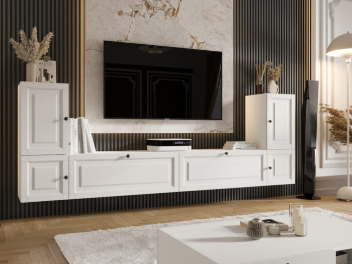 Meblościanka Biała Do Salonu 260X90X35 CM + Fronty Frezowane Malowane MDF 18 MM ARIZONA