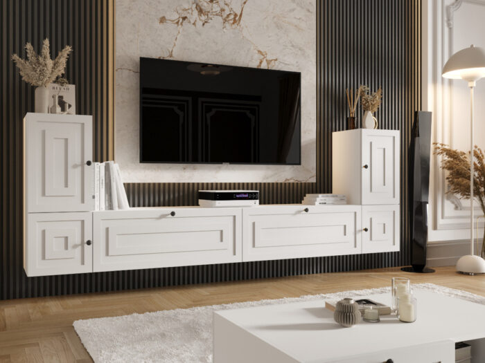 Meblościanka Biała Do Salonu 260X90X35 CM + Fronty Frezowane Malowane MDF 18 MM ARIZONA