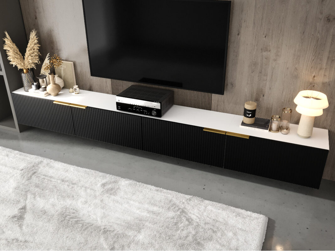 Meblościanka Biało Czarna 300 CM Nowoczesne Meble RTV Szafki Modułowe Do Salonu+ Fronty Frezowane Lakierowane MDF 18 MM + Wybór Wzorów BORBA