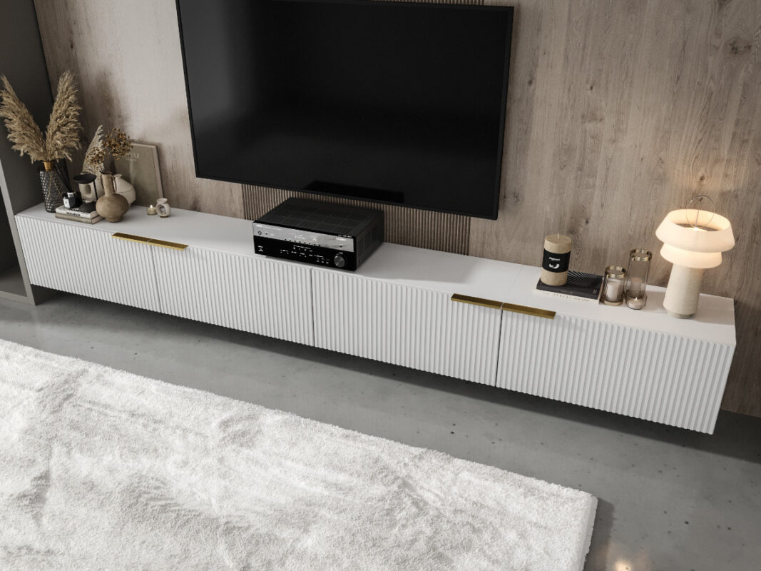 Meblościanka Biała 300 CM Nowoczesne Meble RTV Szafki Modułowe Do Salonu+ Fronty Frezowane Lakierowane MDF 18 MM + Wybór Wzorów BORBA