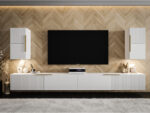 Biała Nowoczesna Meblościanka 300 CM - Szafki Modułowe RTV - Zestaw Mebli Salonowych + Fronty Frezowane Lakierowane MDF 18 MM + Wybór Wzorów LUKKA