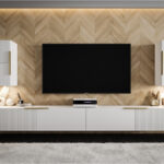 Biała Nowoczesna Meblościanka 300 CM - Szafki Modułowe RTV - Zestaw Mebli Salonowych + Fronty Frezowane Lakierowane MDF 18 MM + Wybór Wzorów LUKKA