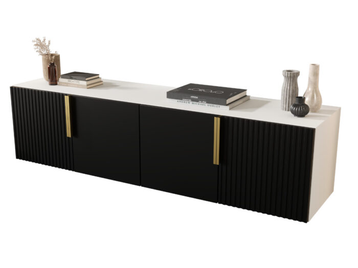 Zestaw RTV Z Lamelami 140 CM - Szafki Wiszące Modułowe + Fronty Frezowane Lakierowane MDF - CAMBRIDGE - OFERTA MAGAZYNOWA - WYSYŁKA 24H