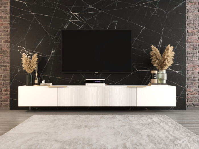 Meble RTV Z Lamelami 300 CM Nowoczesna Meblościanka - Szafki Modułowe Wiszące Zestaw + Fronty Frezowane Lakierowane MDF 18 MM + Wybór Wzorów CORDOBA